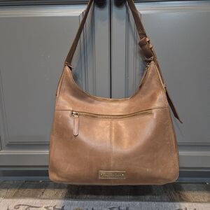 Vilenca Elegant Tan Genuine Leather Embossed Of Floral Front Adj Shoulder Bag